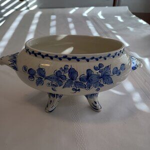 Vintage Small Portuguese Blue and White, Footed, Hand Painted Ceramic Tureen